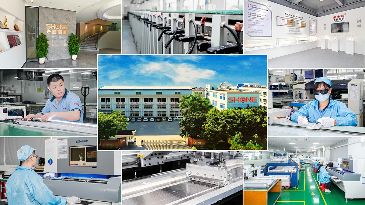 SHONE manufacturing strength with 11000 square meter factory SMT AOI automatic potting QC tests EMC and photometric systems