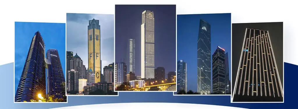 Skyscraper Lighting-How Linear Lights Illuminate the City Skyline-Project Collage