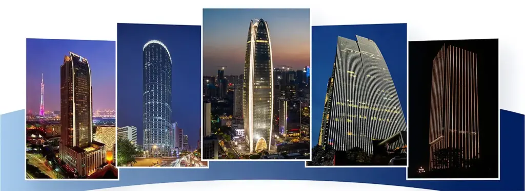 Super High-Rise Building Facade Lighting-Shone Linear Lights Shape Urban Landmarks-Project Collage